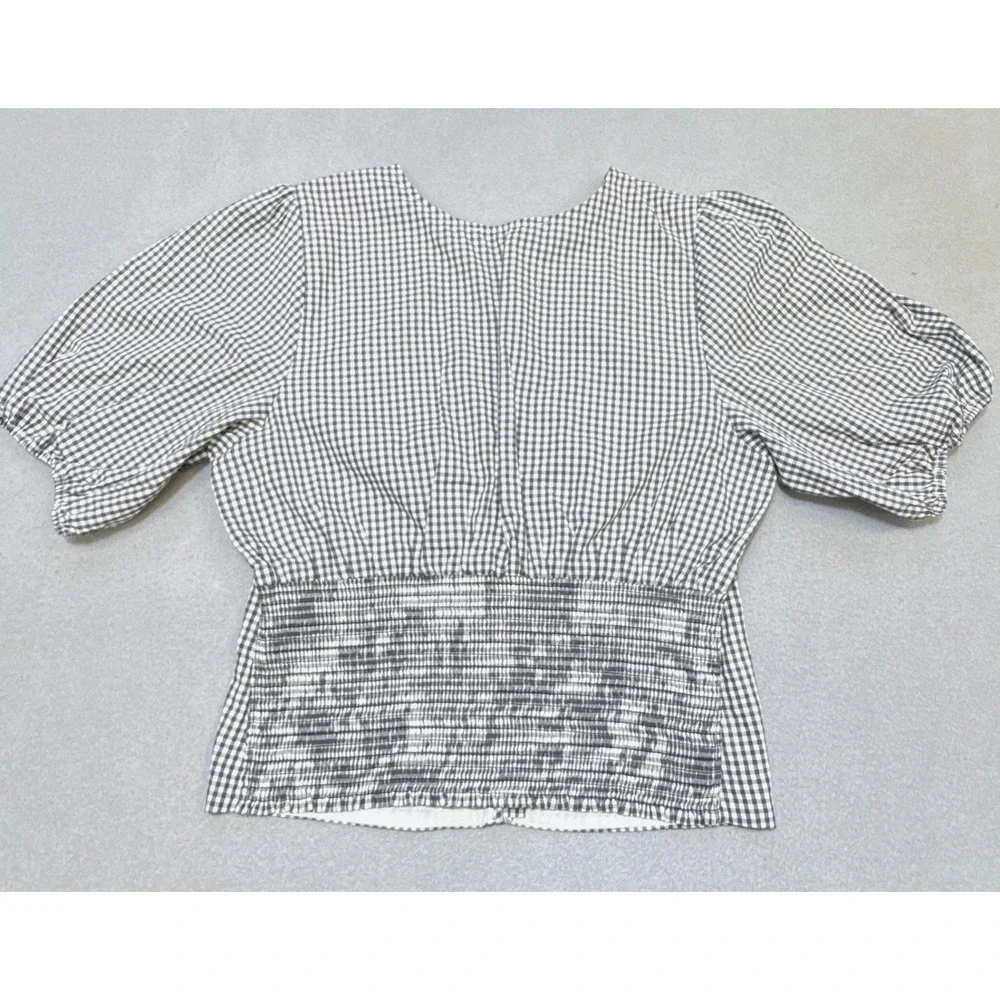 ABERCROMBIE & FITCH Gingham Puff Sleeve V-Neck Top Womens L Black White